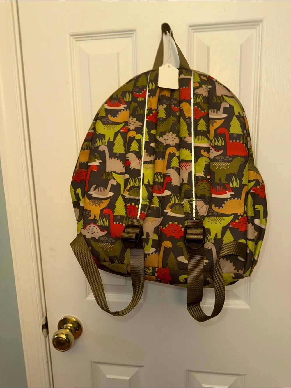 L.L. Bean Kids Dinosaur Backpack in Olive Green with Red, Yellow & Gray Accents